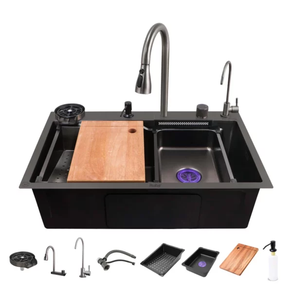 Nano Black 304-Grade Kitchen Sink with Integrated Waterfall, Pull-Out & RO Faucet (30 x 18 x 9 Inches)